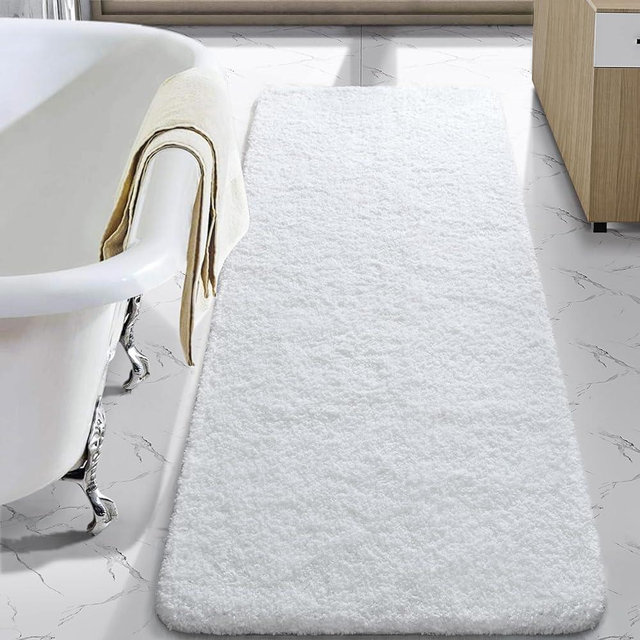 LOCHAS Bathroom Rug Runner 24x60 Inch, Soft Thick Absorbent Microfiber Bath Rugs for Bathroom, Machine Washable, Shaggy Plush Non Slip Bath Mat for Tub, Shower Floor, Quick Dry Mats, White
