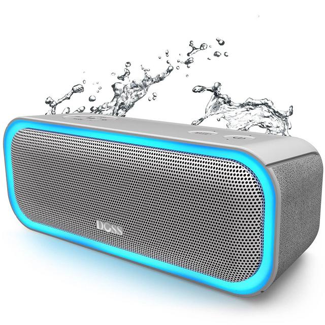 Bluetooth Speaker, DOSS SoundBox Pro Portable Wireless Bluetooth Speaker with 20W Stereo Sound, Active Extra Bass, IPX5 Waterproof, Wireless Stereo Pairing, Multi-Colors Lights, 20Hrs Playtime -Grey