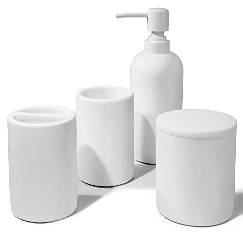 Jo Lavie Bathroom Accessories Set, 4 Pcs Complete Resin Bathroom Accessory - Stone White Sparkles, Modern Decor Vanity Organizer Lotion Soap Dispenser Apothecary Jar Toothbrush Holder Toothbrush Cup