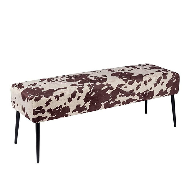 Duhome Velvet Bench Ottoman, Upholstered Bedroom Benches Cow Print End of Bed Bench with Black Metal Base for Entryway Dining Room Living Room Bedroom, Brown