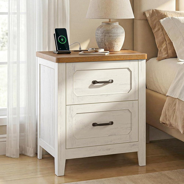 PIXOURA Farmhouse Nightstand with Charging Station, 22'' Wide Bedside Table with 2 Drawers & Metal Handle, Wood Night Stand End Side Table with Storage for Bedroom, Office, Rustic White