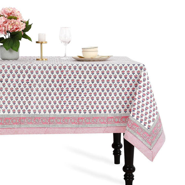 CPC Tablecloth 100% Cotton 60x90 Inch Indian Block Print Rectangle Table Cover, Washable Table Cloth for WeddingsSpring/Summer, Barbeque - Pink Sapphire