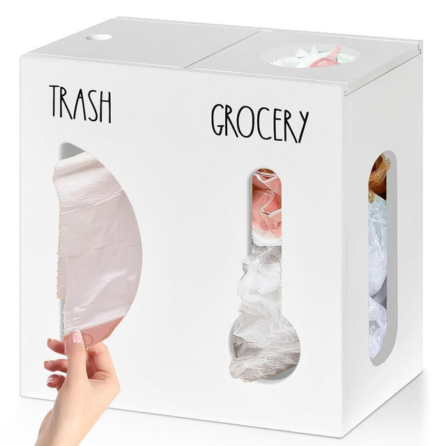 2 in 1 Grocery Bag Holder Trash Bag Dispenser, Wood Trash Bag Holder, Garbage Bag Holder Wall Mount, Grocery Bag Dispenser for Plastic Bags, Kitchen Cabinet Under Sink Organizers and Storage (White)