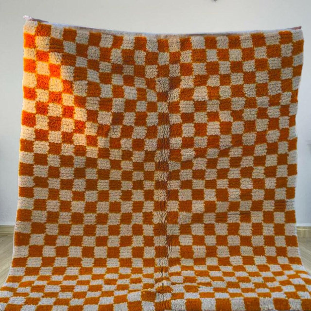 Handmade Moroccan Wool Rug: Orange Checkered Carpet