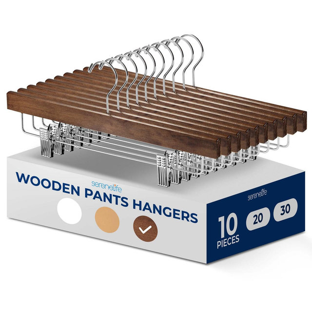Wooden Pants Hangers for Organization with Chrome 360 Swivel Hook, Adjustable Clips, 10-Piece Set
