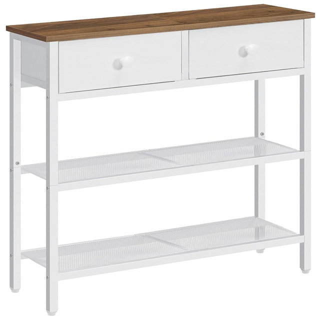 HOOBRO 29.5" Narrow Console Table with 2 Fabric Drawers, Sofa Table, Small Entryway Table with 3-Tier Storage Shelves, Behind Couch Table, for Living Room, Hallway, Walnut and White WH72XG01