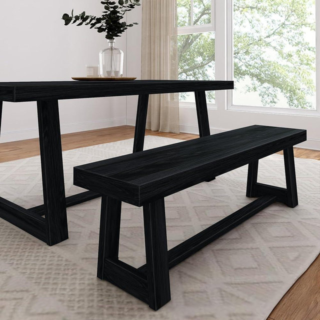 Plank+Beam 60 Inch Farmhouse Dining Bench, Solid Wood Entryway Bench, Wooden Outdoor Bench, Kitchen Dining Seat, Dining Room, Home Office, Living Room Furniture, Easy Assembly, Black Wirebrush