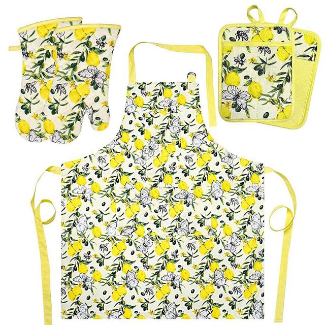 Oven Mitts and Pot Holders with Cooking Apron set of 5, Heat Resistant Kitchen Mitten Gloves and Silicone Non-Slip Potholders, Adjustable Neck Buckle Chef Apron, Nice Design for Cooking (Lemon flower)