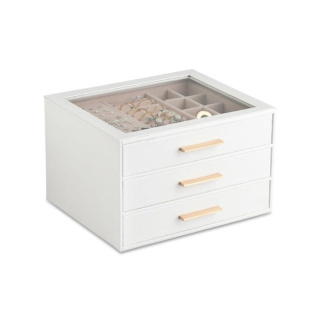 Frebeauty Clear Lid Jewelry Box,3-Layer Jewelry Organizer with Drawer,PU Leather Jewelry Organizers and Storage,Jewelry Boxes for Women,Jewelry Storage for Rings Earring Stud,Gift for Women(White)