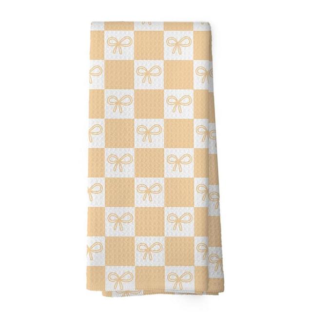 XPH Pale Yellow Coquette Bow Checkered Kitchen Dish Towels, Yellow and White Plaid Bowknot Hand Towels Kitchen Tea Towels Decorations, Coquette Girly Preppy Bathroom Decor, 16x24inch