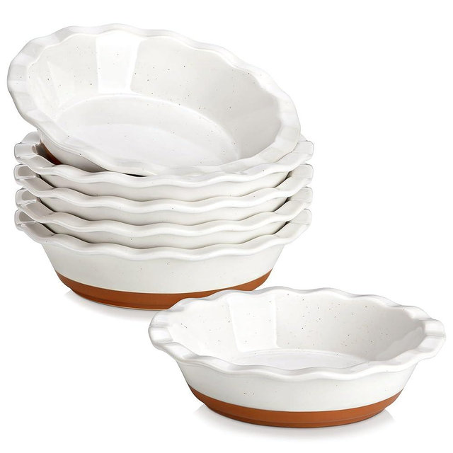 MALACASA Pie Pan, 12 OZ Mini Pie Dish Set of 6, Ceramic Pie Dish for Baking, Small Quiche Baking Dish for Oven, Round Pie Plates Tart Pans, Fluted Dish Pie Pan for Quiches, Khaki White,Series TARA