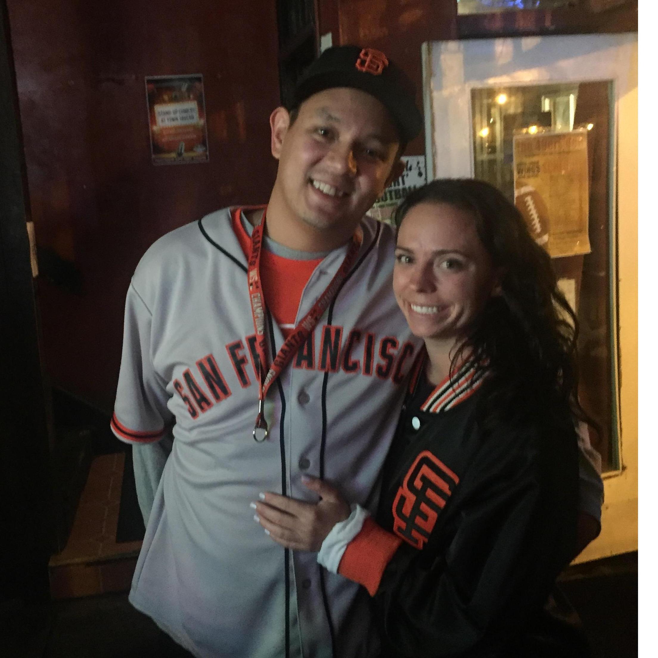 Cheering on the Giants together... this was for playoffs. Christine is still a Nats fan!