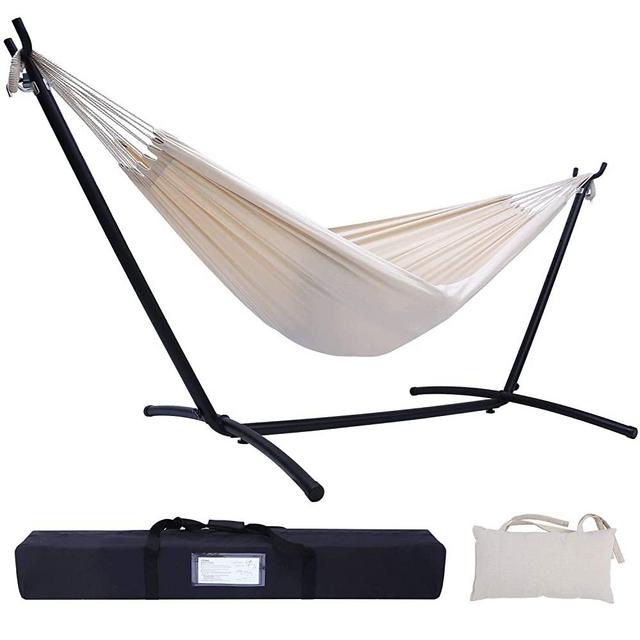 Hammock with Stand, Ohuhu Double Hammock with Space Saving Steel Stand & Pillow, 2-Person Hammock with Portable Carrying Bag for Outdoor Garden Yard Porch Patio & Indoor Space, 450 lb Capacity, Beige