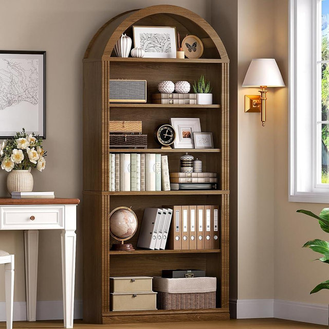 RALGEND Arched Bookshelf, 75.8" Tall Arch Bookcase with Storage, 6-Tier Farmhouse Book Shelf, Arched Cabinet, Wooden Bookshelf with Open Display Shelves, Adjustable Shelf, Office, Walnut