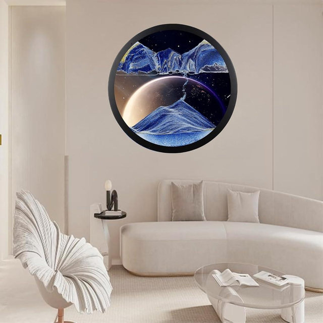 BGFJYUK 24" Moving Sand Art Décor, Wall Mounted Sand Art Liquid Motion 3D Dynamic Sculpture,360°Rotate Wall Art Deep Sea Sandscape,Glass Crafts Solid Wood Frame,Relaxing Quicksand Décor (Blue)