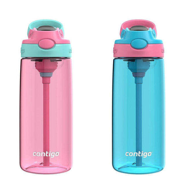 Contigo Aubrey Kids BPA-Free Water Bottle with Silicone Straw Spill-Proof Lid Dishwasher Safe 20oz 2-Pack Suitable for 3+ Years Azalea/Jade & Blue Raspberry/Azalea