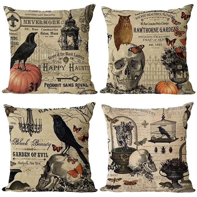 YeeJu Set of 4 Halloween Decorative Throw Pillow Covers Square Cotton Linen Cushion Covers Outdoor Couch Sofa Home Pillow Cases 16x16 Inch