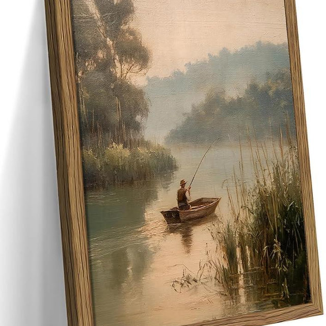 Wood Framed Vintage Fishing Wall Art, Small Country Fisherman Landscape Canvas Wall Decor Paintings, Retro Country Farmhouse Posters Prints Pictures for Boy Room Bedroom Living Room 8x10 Inch