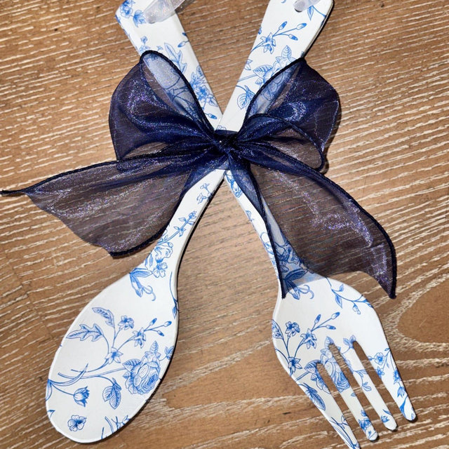 Blue White Floral Chinoiserie Spoon Fork Wall Decor, Decoupaged Farmhouse Accent