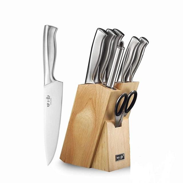 SIXILANG Kitchen Knife Sets, 8 Piece German Stainless Steel Hollow Handle Manual Knife Sharpener Forged Kitchen Knives Set with Oak Wooden Block