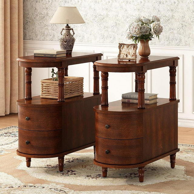 PADMA HOUSE Set of 2 Solid Wood End Table with 2 Drawers, Narrow Sofa Side Table Slim Chair Side Desk with Storage Shelf, Vintage Slim Nightstand Bedside Table, Cherry Walnut，BG-A508-CY