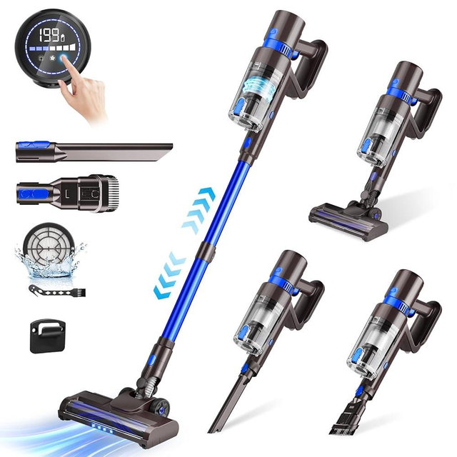 Cordless Vacuum Cleaner, 550W 45KPA 45 Mins Self-Standing Vacuum Cleaners for Home, Stick Vacuum with LED Touch Screen & Rechargeable 2500 mAh Battery, Handheld Vacuum for Pet Hair/Carpet/Floor
