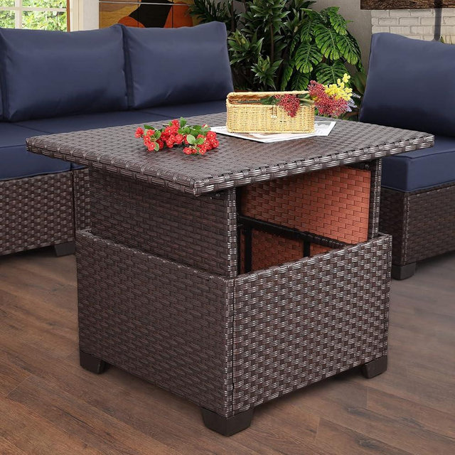 Lviden Patio Rattan Coffee Table with Hidden Storage, Wicker Liftable Dinning Table, Versatile Piece of Outdoor Furniture, Brown
