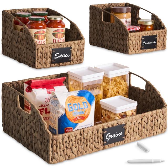 Best Choice Products Hyacinth Angled Pantry Storage Baskets W/ Handles, Chalkboard & Marker - Chestnut