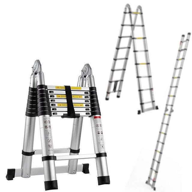 Pro Aluminum Telescoping Ladder 16.5 FT, Extension Ladder 2-in-1, Multi-Purpose Collapsible Ladders with Safety Spring Loaded Locking, A-Frame Lightweight Telescopic Compact Ladders for Easy Storage