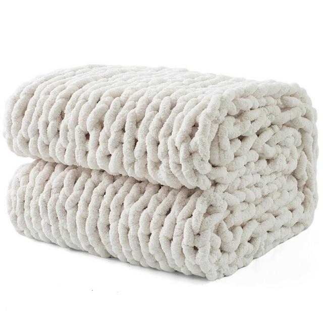 LONG CREATE Chunky Knit Throw Blanket 50"X 60", 100% Handmade with Soft Chenille Yarn, 4.4lbs Thick Cable Knitted Blankets, Large Rope Knot Crochet Throws for Couch Sofa Bed Home Decor, Cream White