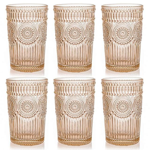 Kingrol 6 Pack 12 oz Colored Drinking Glasses, Premium Glassware Set for Water, Juice, Beverages, Cocktail - Romantic Embossed Design - for Wedding Party, Daily Use