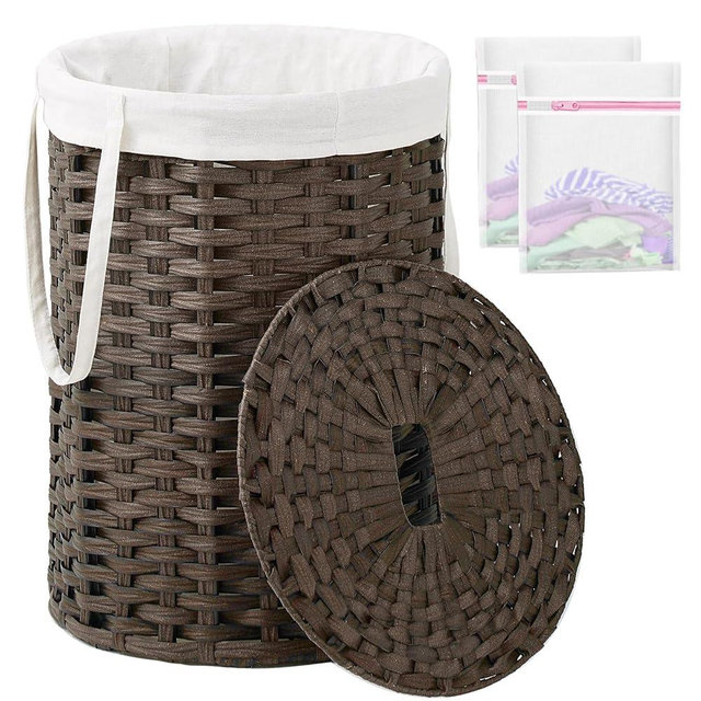 SETVSON Laundry Hamper with Lid, 19.0 Gal (72 L) Round Wicker Laundry Basket, Handwoven Rattan Basket with Lid, Removable Bag, 2 Mesh Bags, Handles for Living Room, Bathroom, Brown