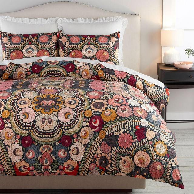 Helena Embroidered Floral Duvet Cover, Full/Queen, Black