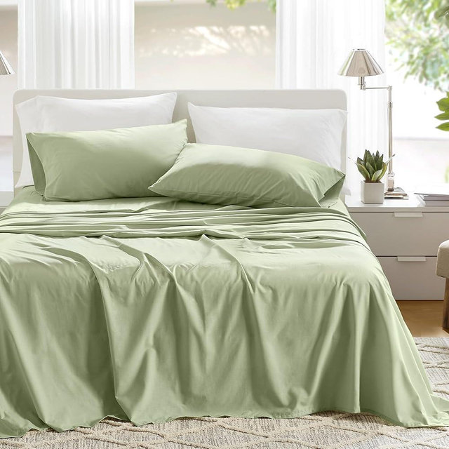 Comfort Spaces 100% Cotton Sheets Queen, Breathable & Soft Cotton Sheets, Naturally Cool Cotton Bed Sheets with 14" Elastic Pocket Fits up to 16" Mattress, All Seasons Sheet Set, Sage Green 4 Piece