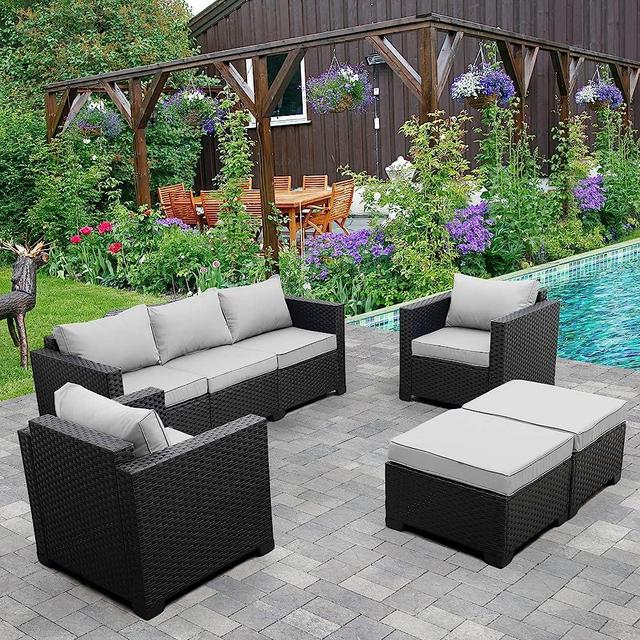 Rattaner Outdoor Wicker Furniture Couch Set 5 Pieces, Patio Furniture Sectional Sofa with Grey Cushions and Furniture Covers