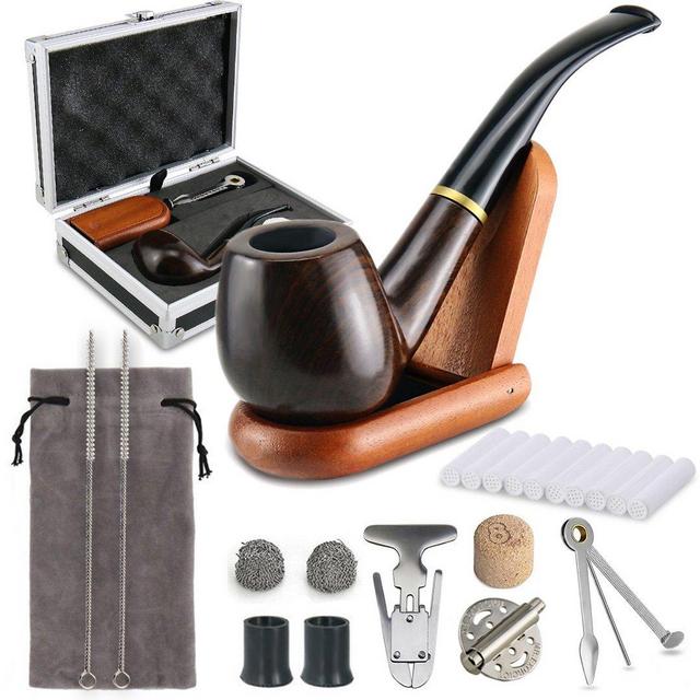 Joyoldelf Tobacco Smoking Pipe Set with Elegant Gift Case Packaging, Wind Cap Cover, Cleaning Brush, Reamer & 3-in-1 Pipe Scraper, Wood Stand Holder and Other Smoking Accessories