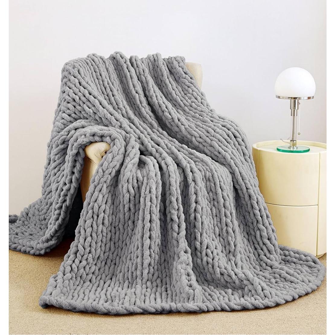 Admitrack Chunky Knit Blanket Throw, 100% Hand Knit Chenille Throw Blanket for Sofa & Home Decor, Soft and Cozy Knitted Throw Blankets (Dark Gray，51""x63""), XNR08