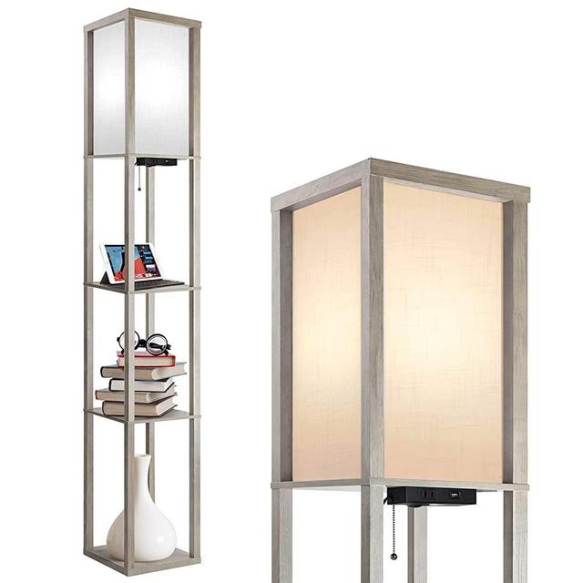 Outon Floor Lamp with Shelves, LED Column Modern Floor Lamp with USB Port & Power Outlet, Display Storage Wood Standing Lamp with White Linen Texture Shade for Living Room, Bedroom, Office (Grey)