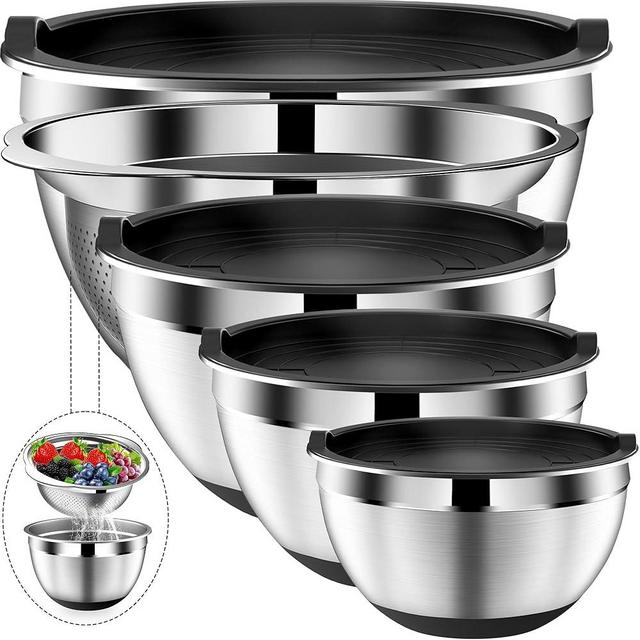 DUTZUN Mixing Bowls with Lids Set, Stainless Steel Mixing Bowls with Colander, Strainer with Mixing Bowl Set, Non-Slip Bottom, Kitchen Gadgets Bowl Christams Gift, Size 4, 2.5, 2, 1.5QT - Black