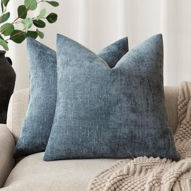 Foindtower Pack of 2 Soft Textured Chenille Throw Decorative Pillow Covers Square Accent Solid Cushion Cover Cozy Neutral Farmhouse Pillow Case for Couch Sofa Bedroom Living Room 18x18 Inch,Blue