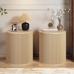 Small Round Side Table Fluted Night Stand Set of 2, (Nature)