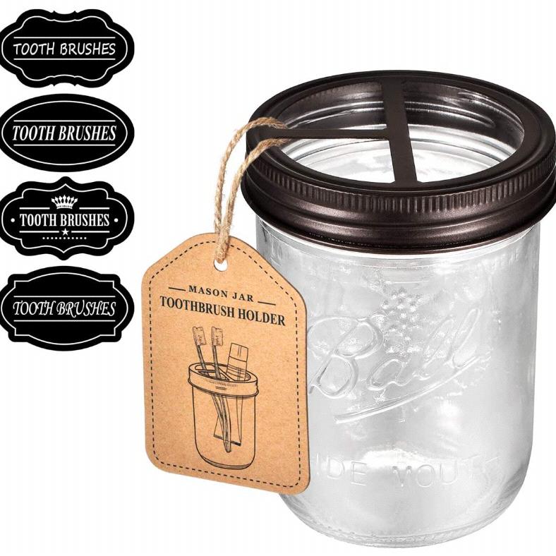 Mason Jar Toothbrush Holder - Bronze - with 16 Ounce Ball Mason Jar,Premium Rustproof 304 Stainless Steel Lid and Chalkboard Labels - Rustic Farmhouse Decor Bronze Bathroom Accessories / Bronze