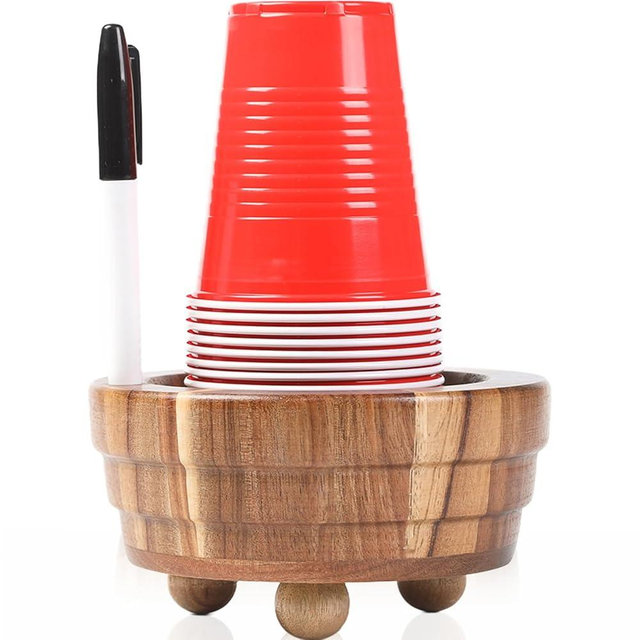 Acacia Wood Cup Holder with Marker Slot, Paper Cup Storage Box Mark Your Cup and Drink Up, Rustic Disposable Cup Dispenser for Party Bar Kitchen Bathroom