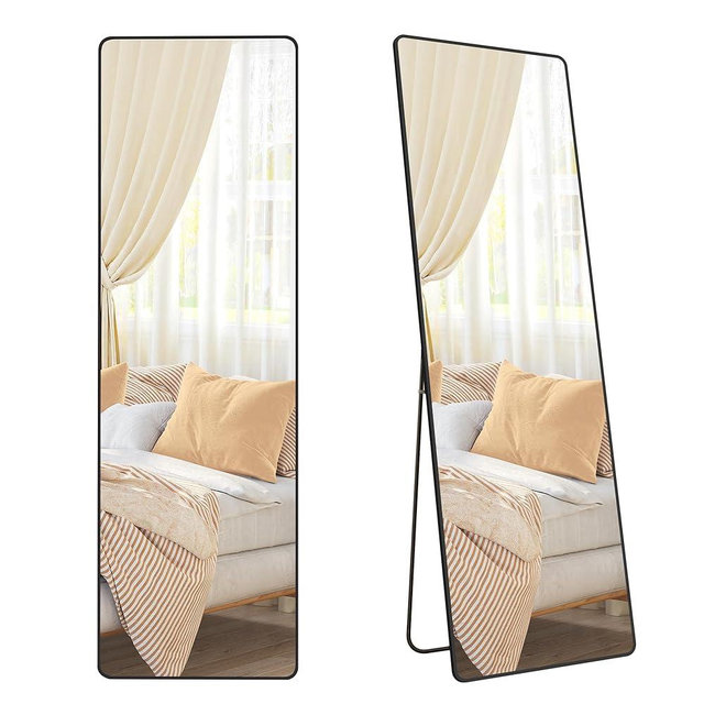 SONGMICS Full Length Mirror, 63 x 20 Inches, Rectangle Full Body Mirror with Stand, Aluminum Alloy Frame Floor Mirror, Tempered Glass, for Bedroom, Living Room, Cloakroom, Ink Black ULFM030B01
