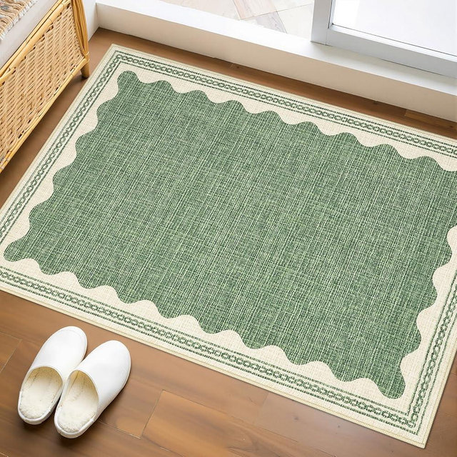 GarveeHome Scalloped Door Mat Indoor Rugs for Entryway Small Rug 2x3 Washable Non-Slip Solid Sage Green Modern Soft Low-Pile Throw Carpet for Bedroom Kitchen Bathroom Entrance