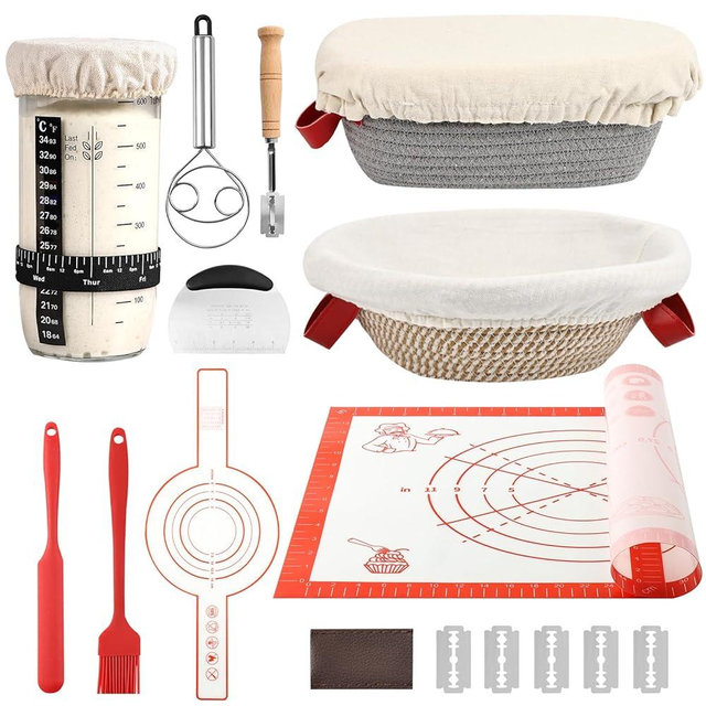 Tunyet Sourdough Bread Baking Supplies, Banneton Bread Proofing Basket, 10 Inch Oval & Round Bread Baskets with Liners & Covers, Sourdough Starter Kit