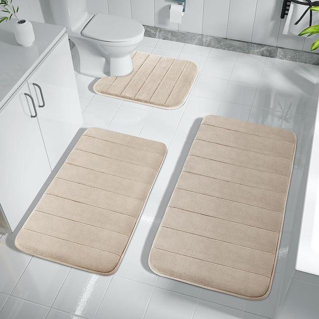 Yimobra 3 Pieces Memory Foam Bath Mat Sets, 44.1x24 + 31.5x19.8 and U-Shaped for Bathroom Rugs, Toilet Mats, Non-Slip, Soft Comfortable, Water Absorption, Machine Washable, Beige