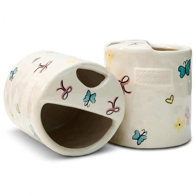 KOIMYSA Ceramic Travel Mug with Half Lid, Handmade Butterfly Pottery Mug, Ceramic Coffee Mugs Porcelain Coffee Cup Use for Kitchen Dining Office, White