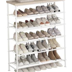 Shoe Rack Organizer 6 Tier for Closet Entryway Free Standing Metal Storage Shoe Shelf with MDF Top Board，White+Oak