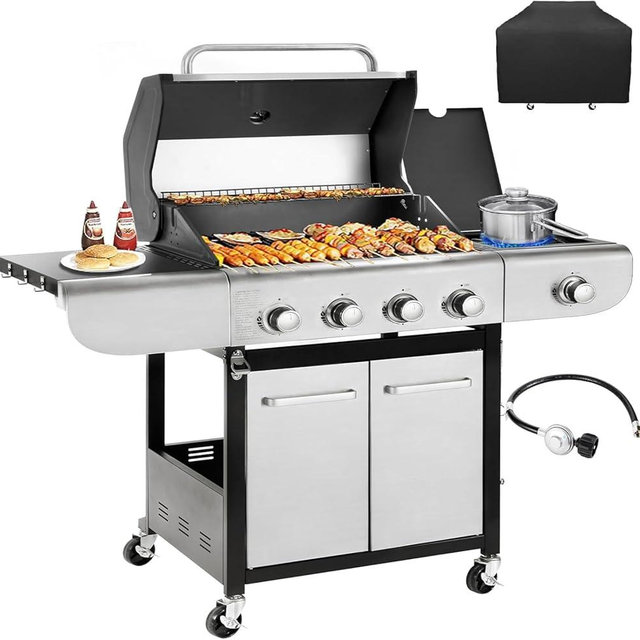 Kendane 4-Burner Propane Gas BBQ Grill with Side Burner, Barbecue Gas Grill with Enameled Cast Iron Grates for Outdoor Patio Garden Barbecue, 53,000 BTU, Stainless Steel Grill Cover included